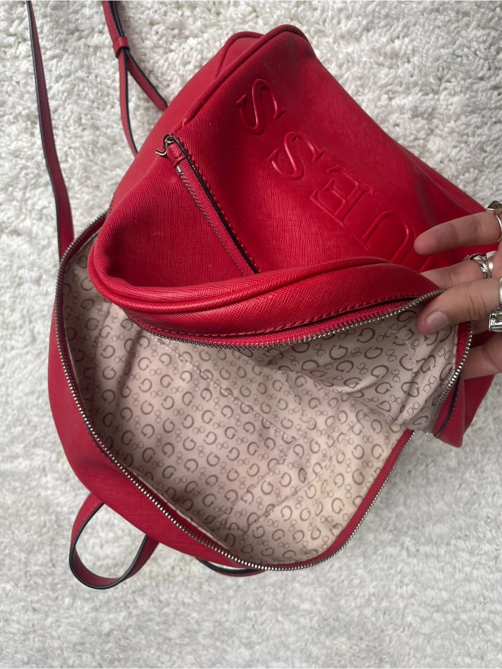 GUESS Red Embossed Logo Mini Backpack - Picture 7 of 8